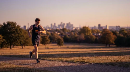 Amateur athlete analyzing fitness tracker data in modern training environment