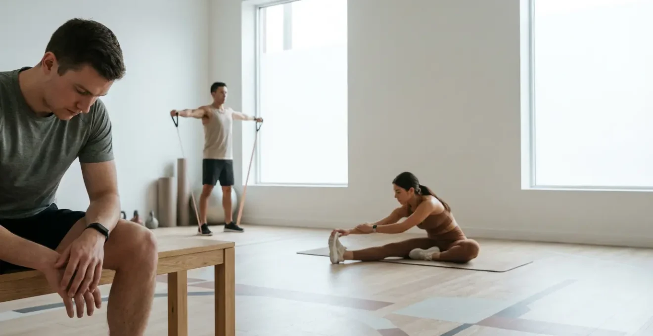 Amateur athletes analyzing training data and recovery metrics on various devices in a minimalist training environment