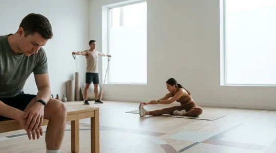 Amateur athletes analyzing training data and recovery metrics on various devices in a minimalist training environment