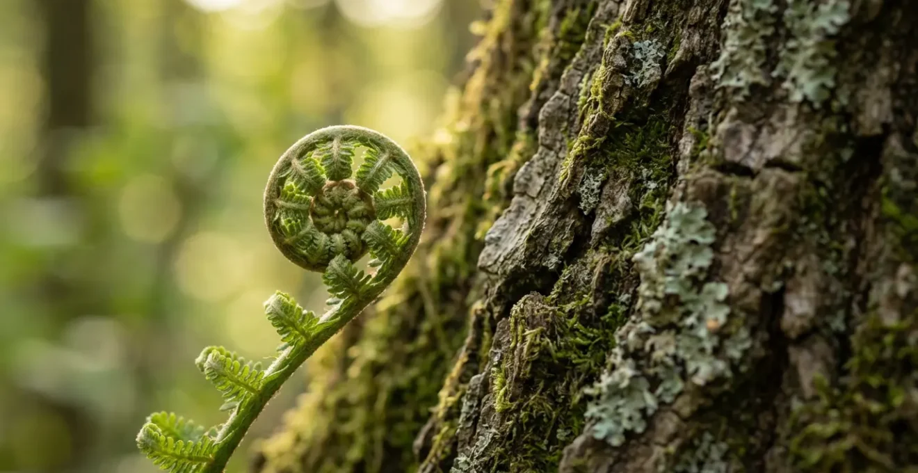 Close-up of fern fronds and tree bark showing natural fractal patterns