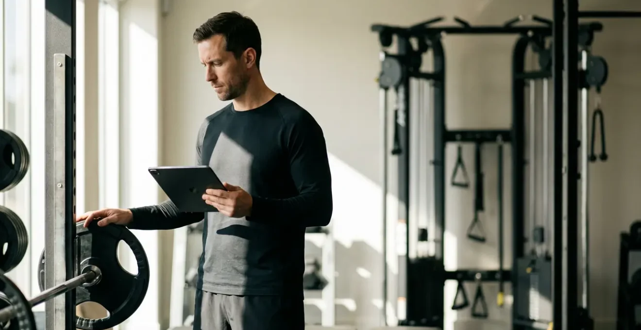 Professional athlete analyzing performance data while adjusting training equipment in modern gym