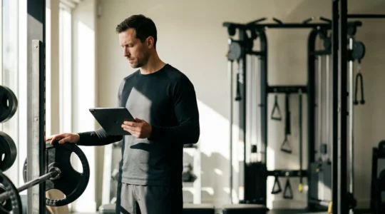 Professional athlete analyzing performance data while adjusting training equipment in modern gym