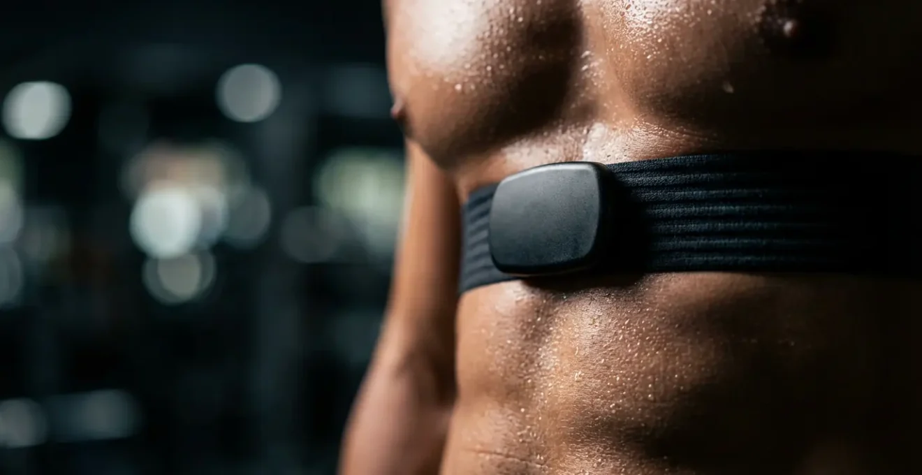 Close-up of athlete wearing chest strap heart rate monitor during intense training