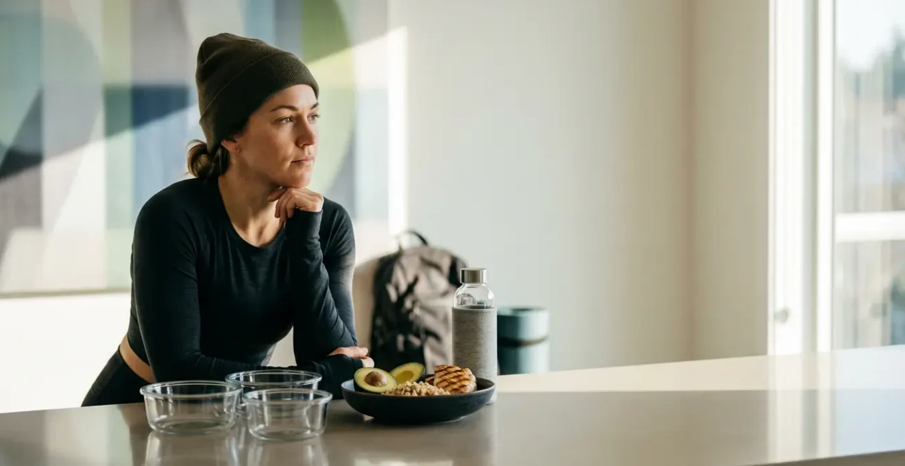 Professional athlete in focused preparation mode with pre-competition meal and training gear