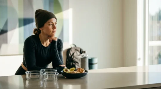 Professional athlete in focused preparation mode with pre-competition meal and training gear