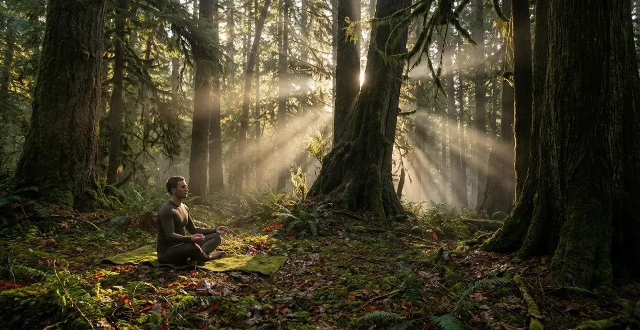 Professional athlete in recovery gear meditating among ancient forest trees with morning light filtering through canopy