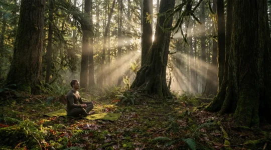Professional athlete in recovery gear meditating among ancient forest trees with morning light filtering through canopy