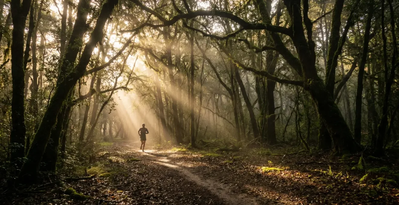 Athlete on forest trail with morning sunlight filtering through trees