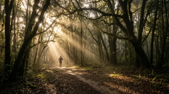 Athlete on forest trail with morning sunlight filtering through trees