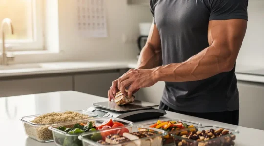 Athlete carefully measuring macronutrient portions on kitchen scale with training calendar visible