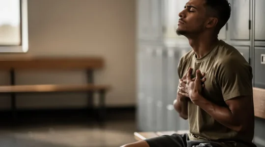 Professional athlete in a quiet moment of mental recovery after competition, focusing on breathing and mindfulness techniques in a peaceful training facility environment