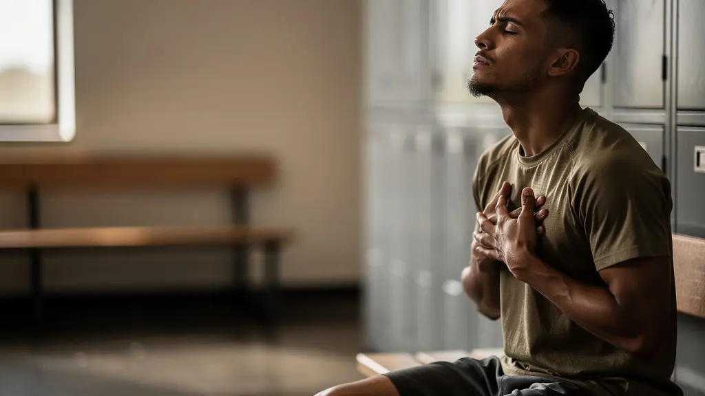 Professional athlete in a quiet moment of mental recovery after competition, focusing on breathing and mindfulness techniques in a peaceful training facility environment