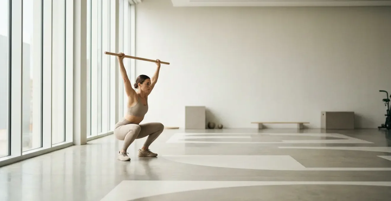 Professional athlete performing overhead squat movement screening test in modern training facility