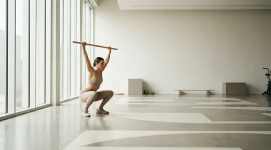 Professional athlete performing overhead squat movement screening test in modern training facility
