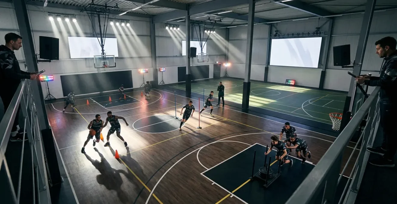 Athletes training under simulated high-pressure match conditions with environmental stressors