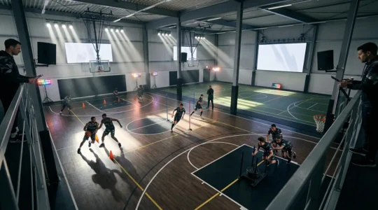 Athletes training under simulated high-pressure match conditions with environmental stressors