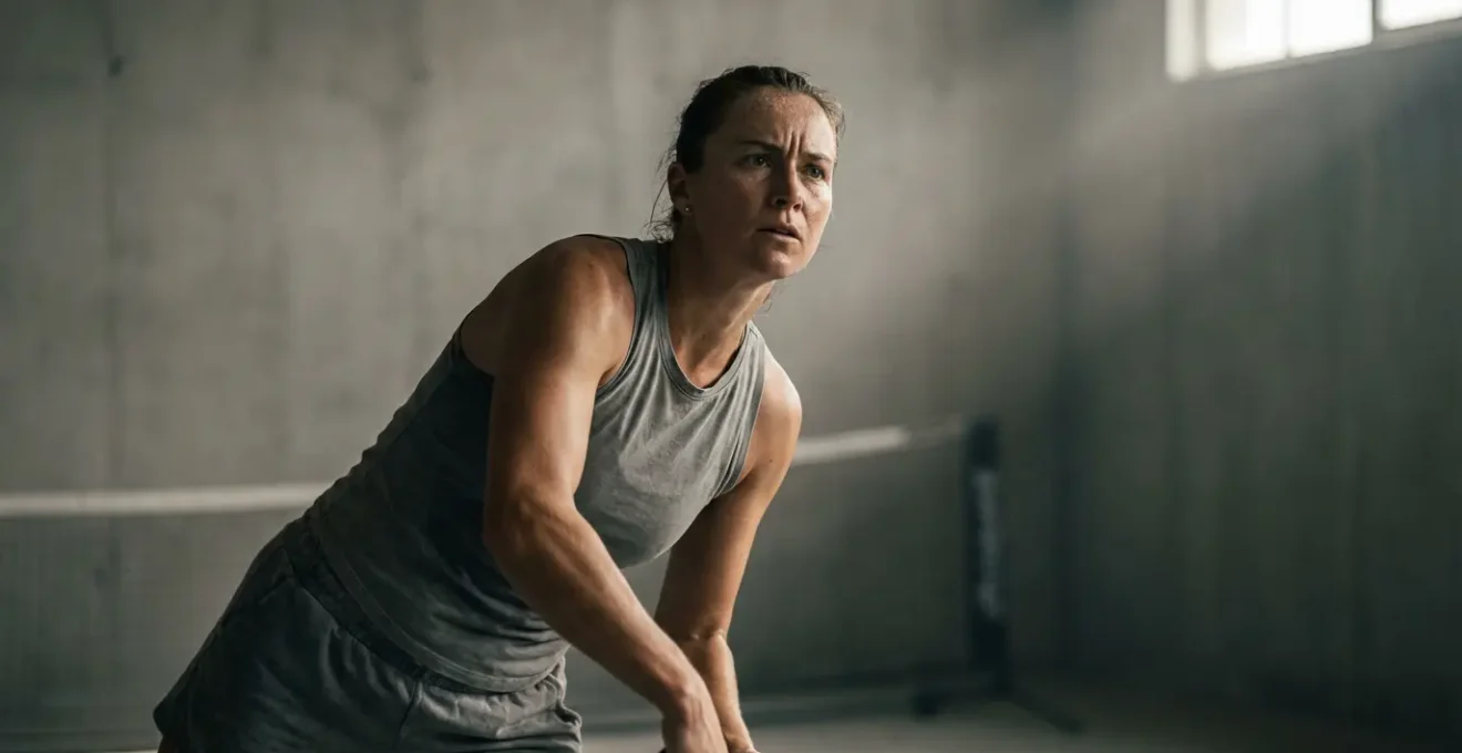 Tennis player practicing serve mechanics alone in indoor studio