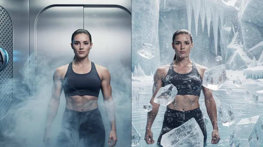 Split scene showing athlete in cryotherapy chamber versus ice bath