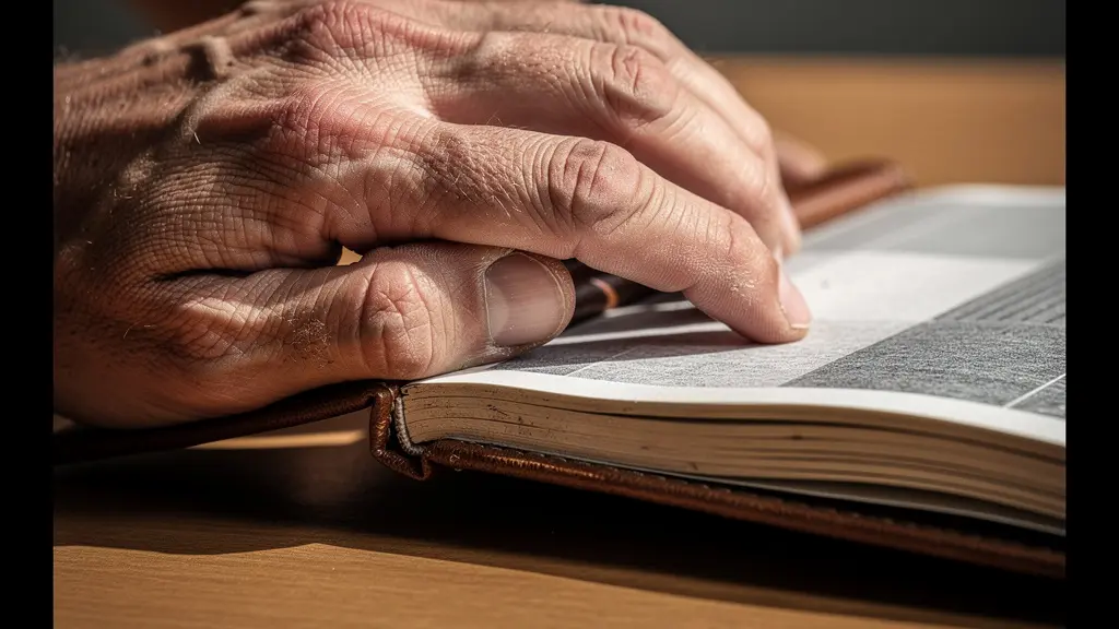 Close-up macro shot of athlete's hands holding a worn training journal with abstract patterns and textures