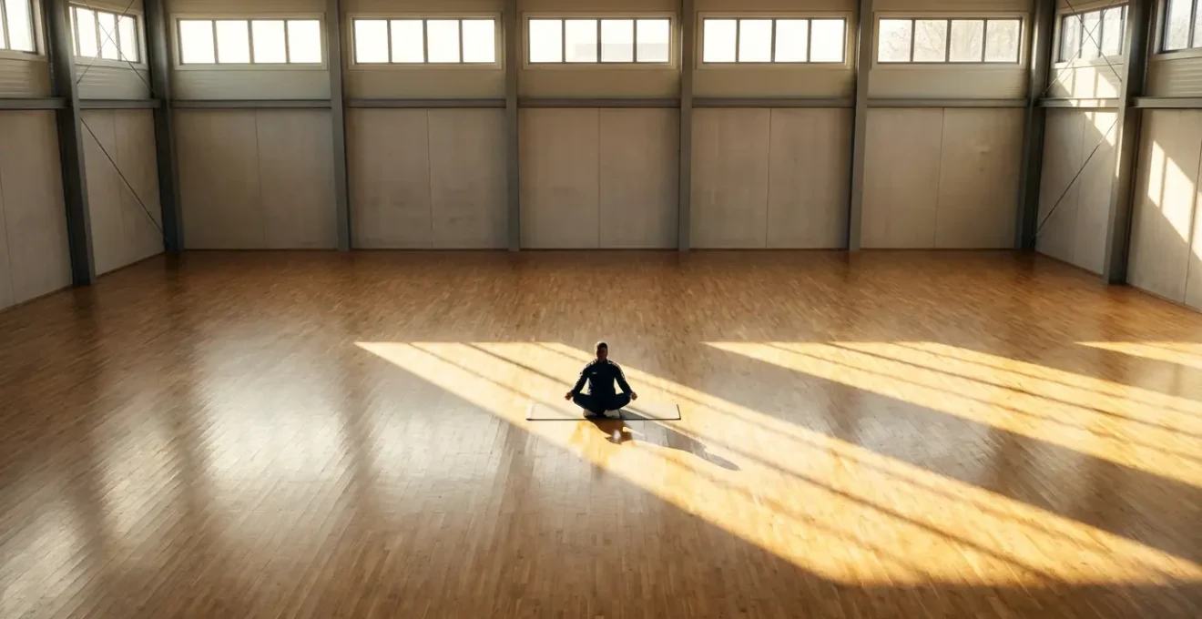 Athlete in meditative visualization pose in a minimalist, sunlit training environment, embodying calm preparation.