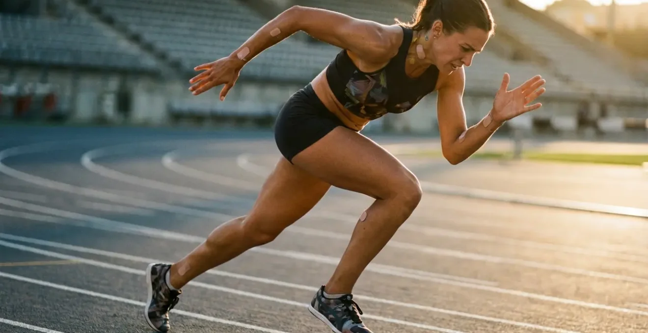 Athlete wearing advanced sensor technology monitoring fatigue indicators during high-intensity training