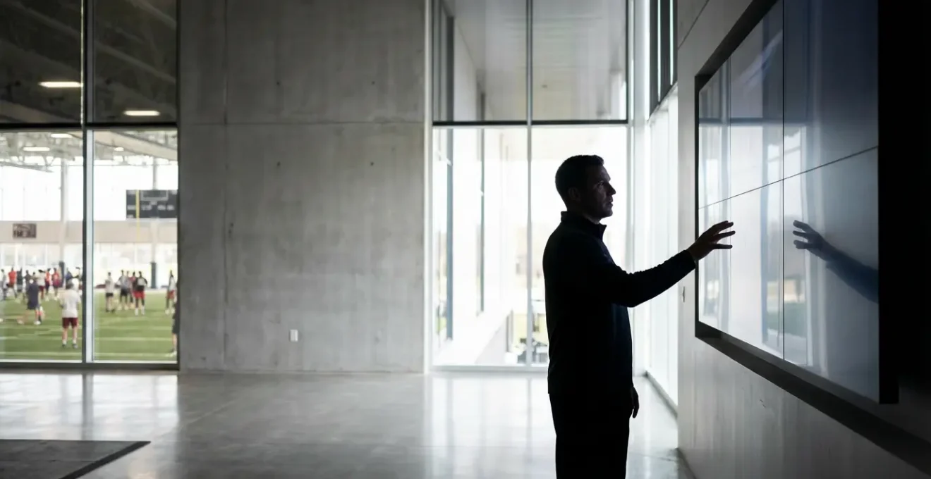 Sports coach reviewing streamlined performance metrics on simplified dashboard interface