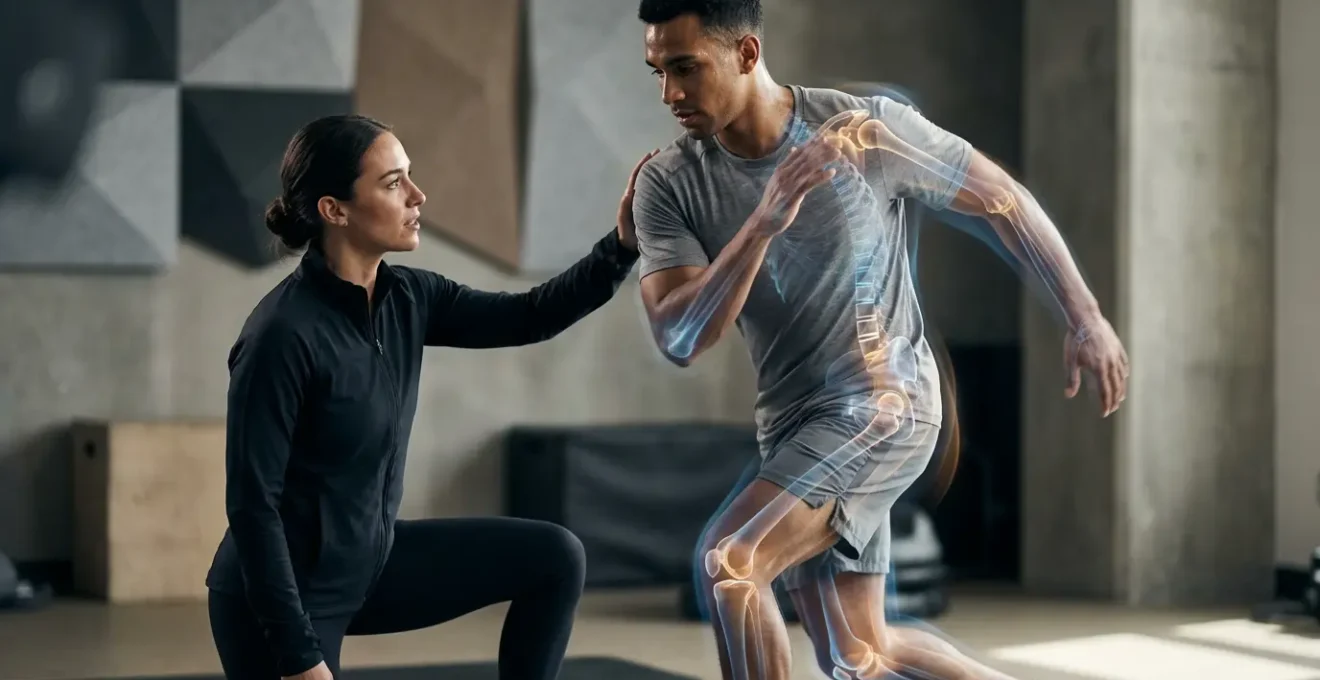 Professional coach analyzing athlete's movement technique with kinetic chain markers in modern training facility