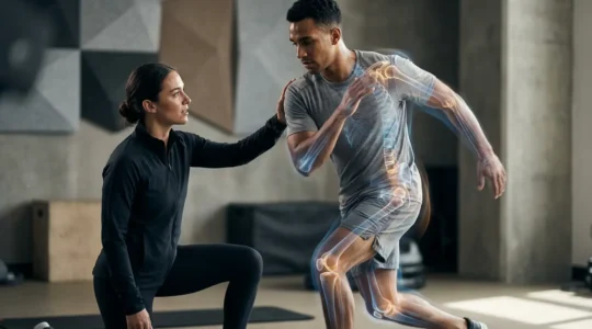 Professional coach analyzing athlete's movement technique with kinetic chain markers in modern training facility