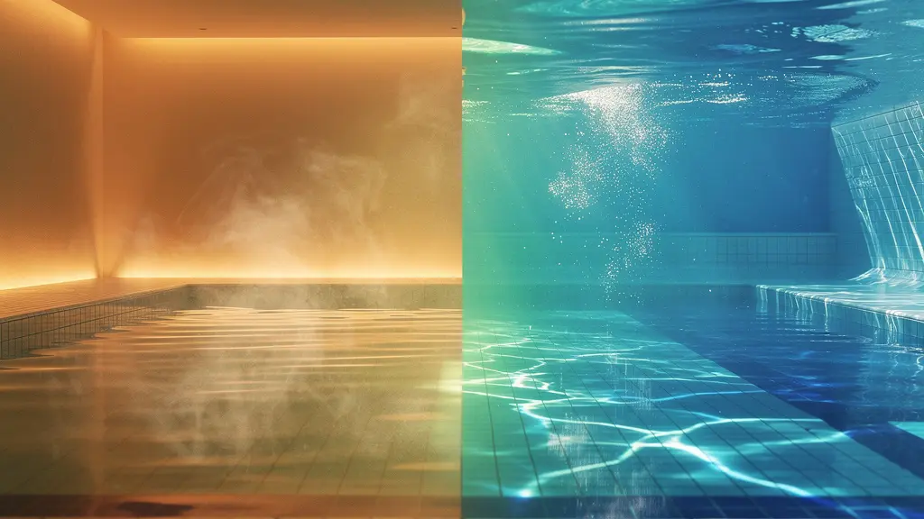 Split view of warm therapy pool and cool lap pool showing temperature contrast