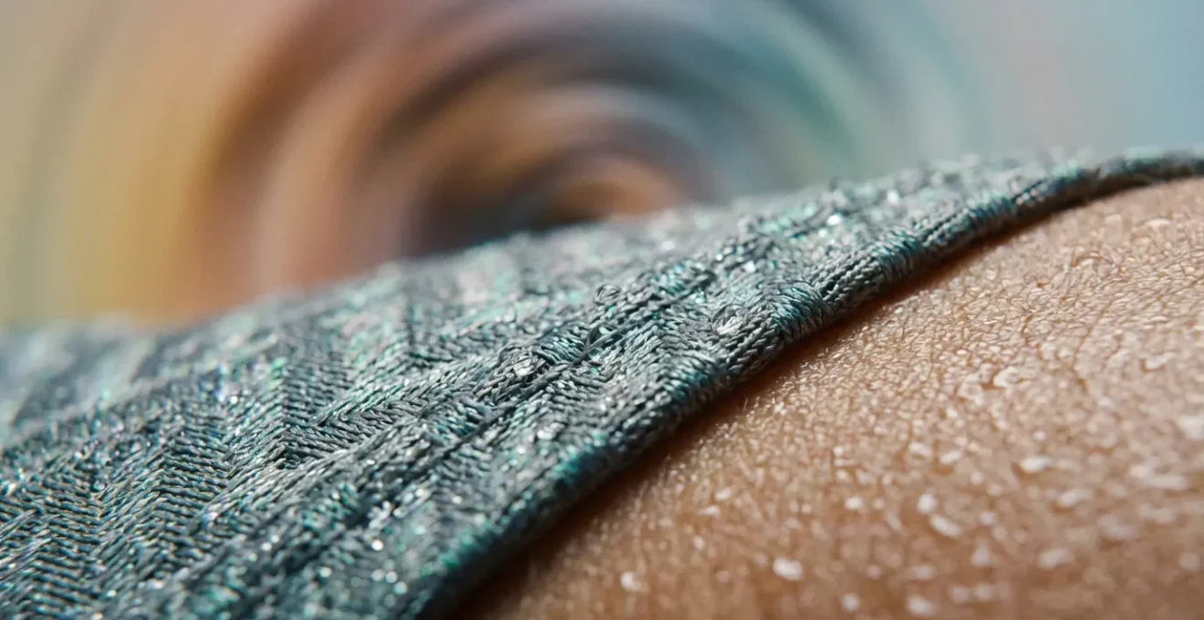 Close-up of advanced cooling fabric fibers with moisture wicking technology during athletic activity