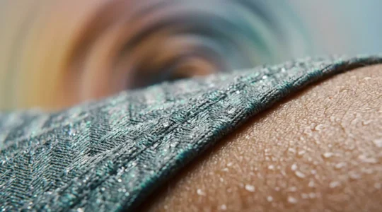 Close-up of advanced cooling fabric fibers with moisture wicking technology during athletic activity