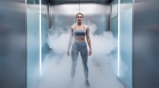 Elite athlete standing in professional cryotherapy chamber surrounded by vapor clouds