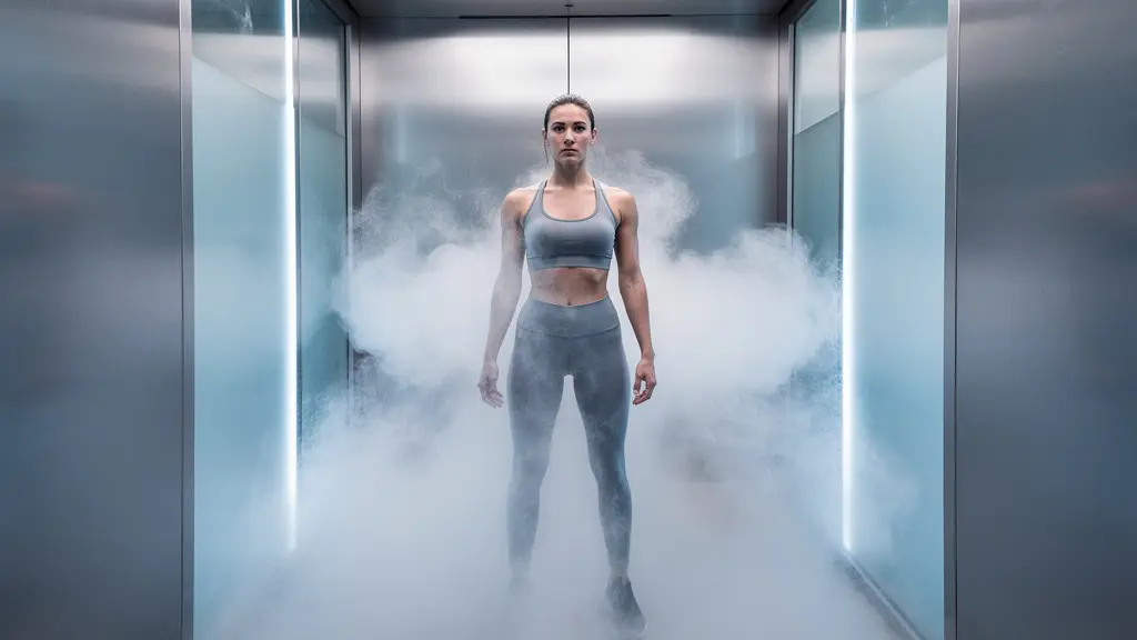Elite athlete standing in professional cryotherapy chamber surrounded by vapor clouds