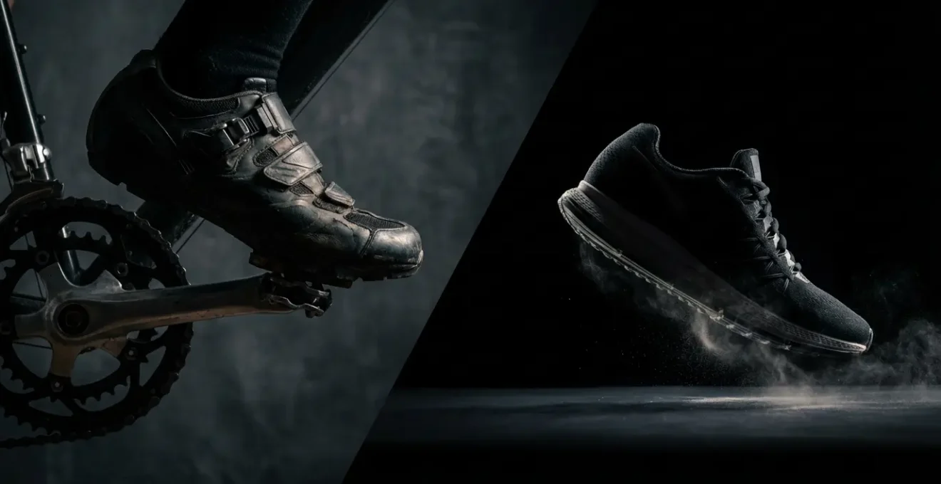 Split view comparing cycling and running biomechanics for Zone 2 training