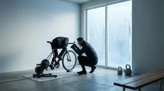 Cyclist in a contemplative moment during indoor winter training setup