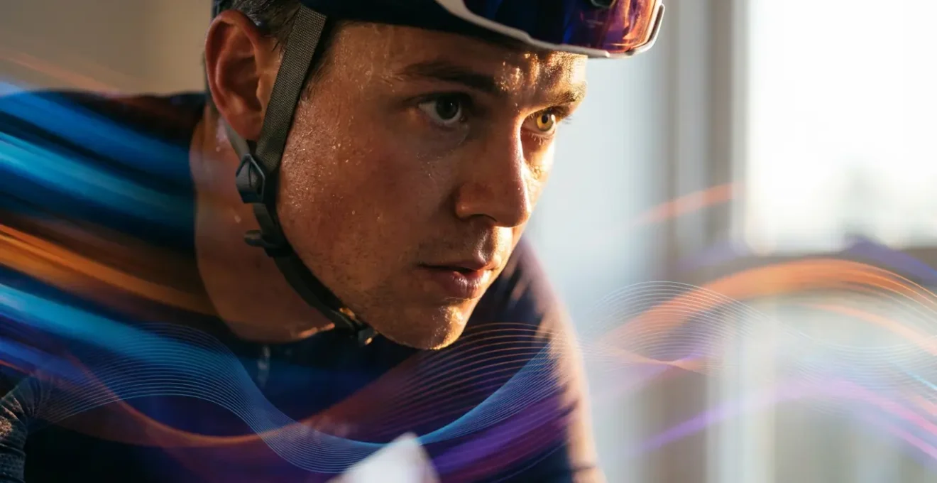 Athlete cycling with synchronized sound wave visualizations and flowing light patterns