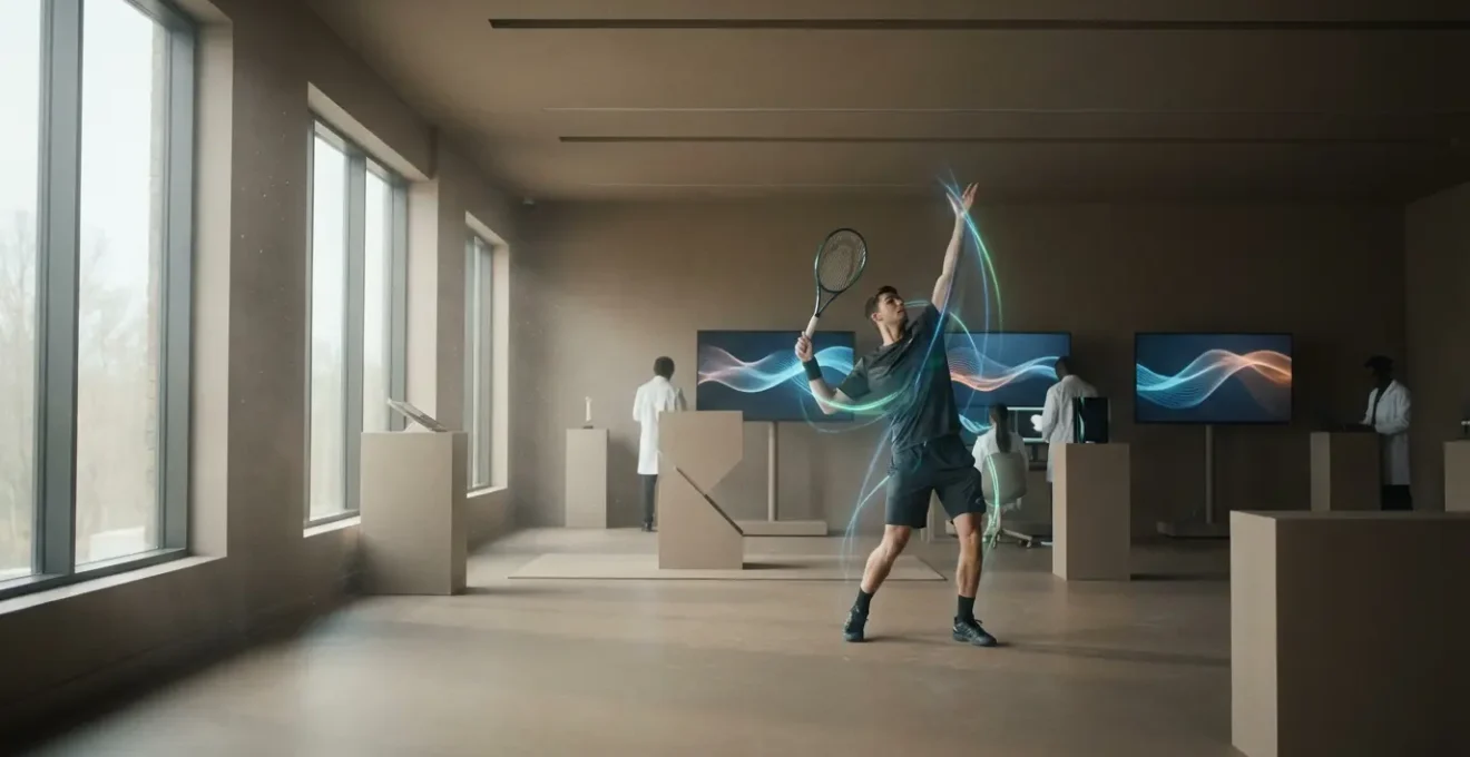 High-tech sports biomechanics lab showing motion capture technology analyzing athlete movements