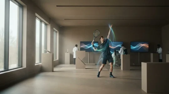 High-tech sports biomechanics lab showing motion capture technology analyzing athlete movements