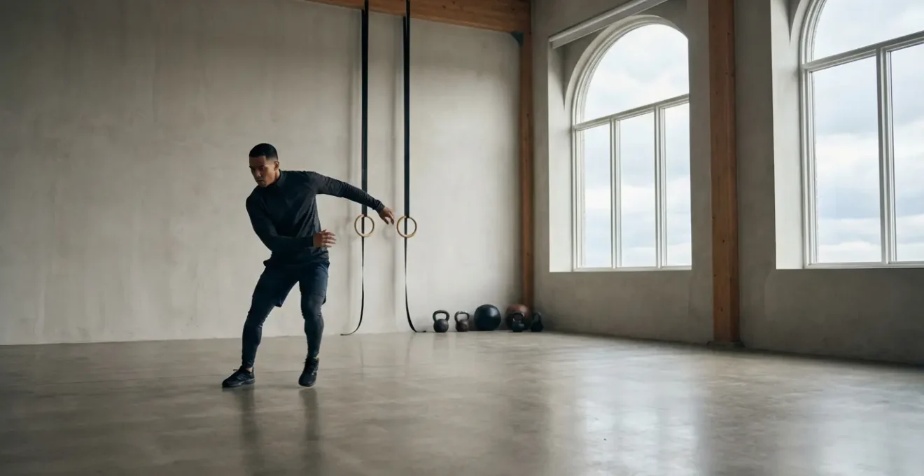 Athlete practicing in a minimalist training environment with controlled lighting
