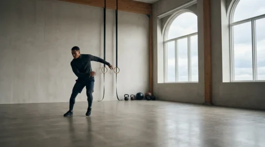 Athlete practicing in a minimalist training environment with controlled lighting