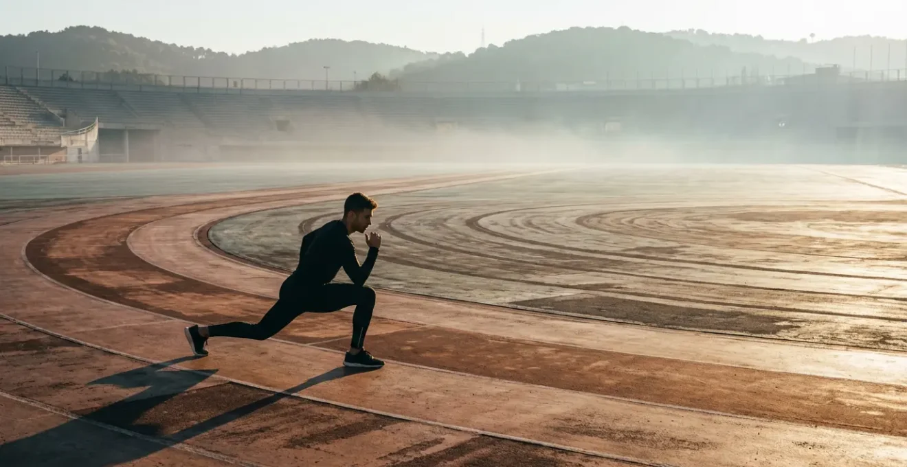 Athlete performing dynamic stretching routine in outdoor training space