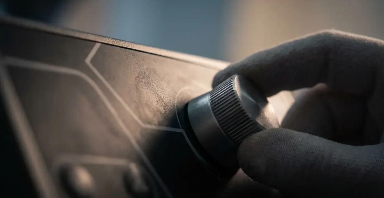 Close-up macro shot of hands adjusting isokinetic machine resistance settings with focus on textured control knobs