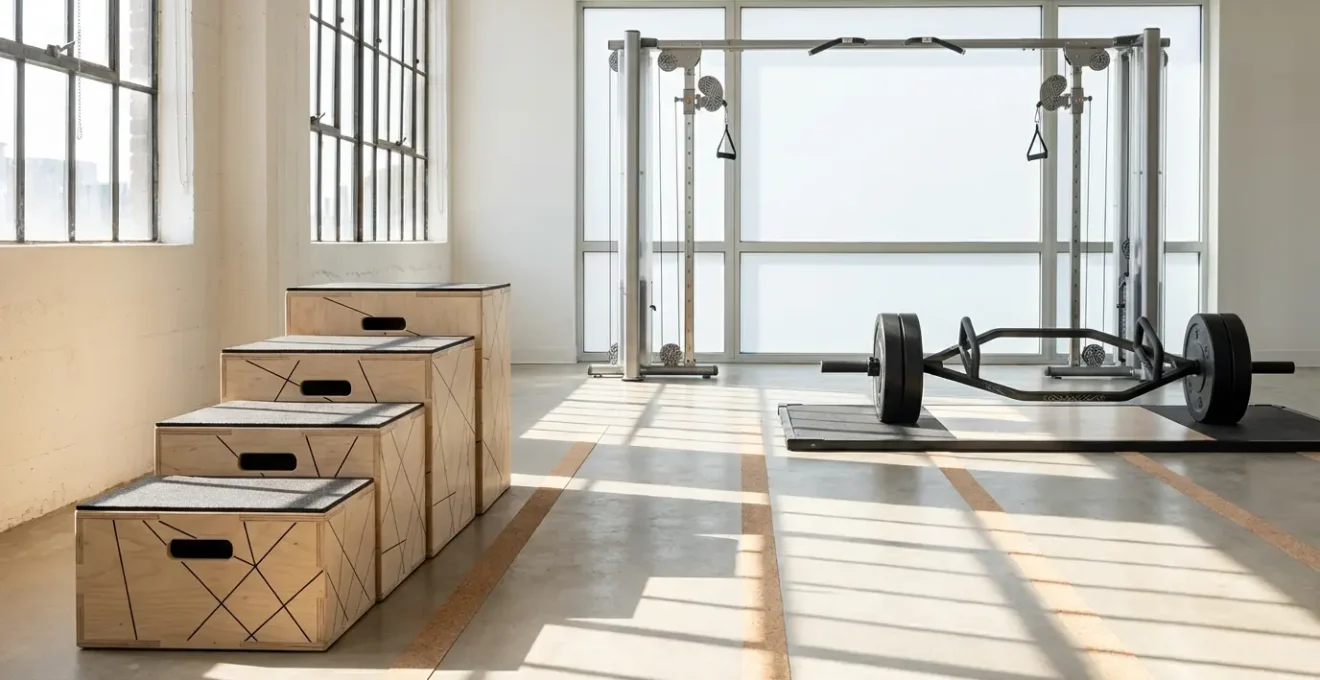 Organized gym setup showing progressive training stations for power, strength and stability exercises