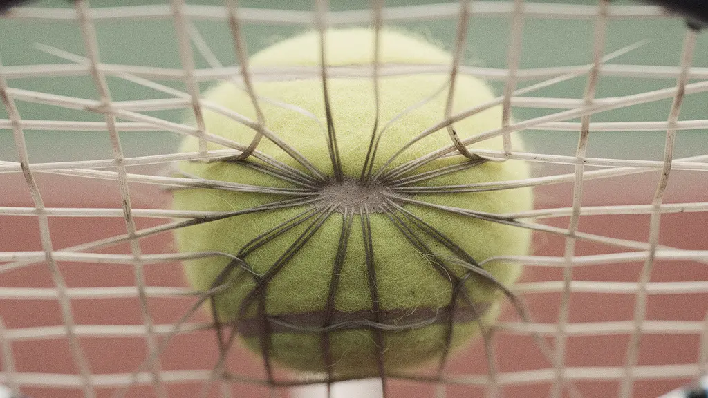 Extreme close-up of tennis racket strings with ball impact showing percentage play calculation visualization
