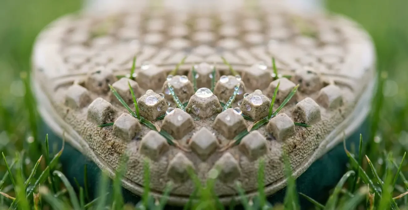 Extreme close-up of grass court tennis shoe outsole showing specialized nub pattern