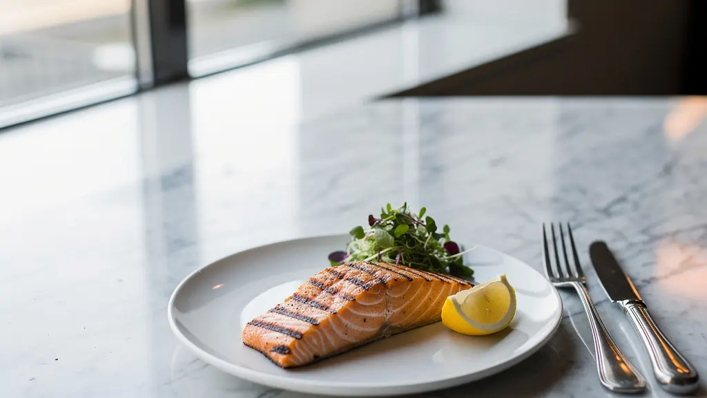 Minimalist wide shot of grilled fish on a white plate in elegant restaurant setting