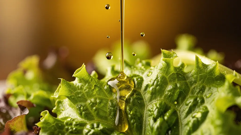 Close-up macro shot of olive oil being drizzled on fresh salad greens