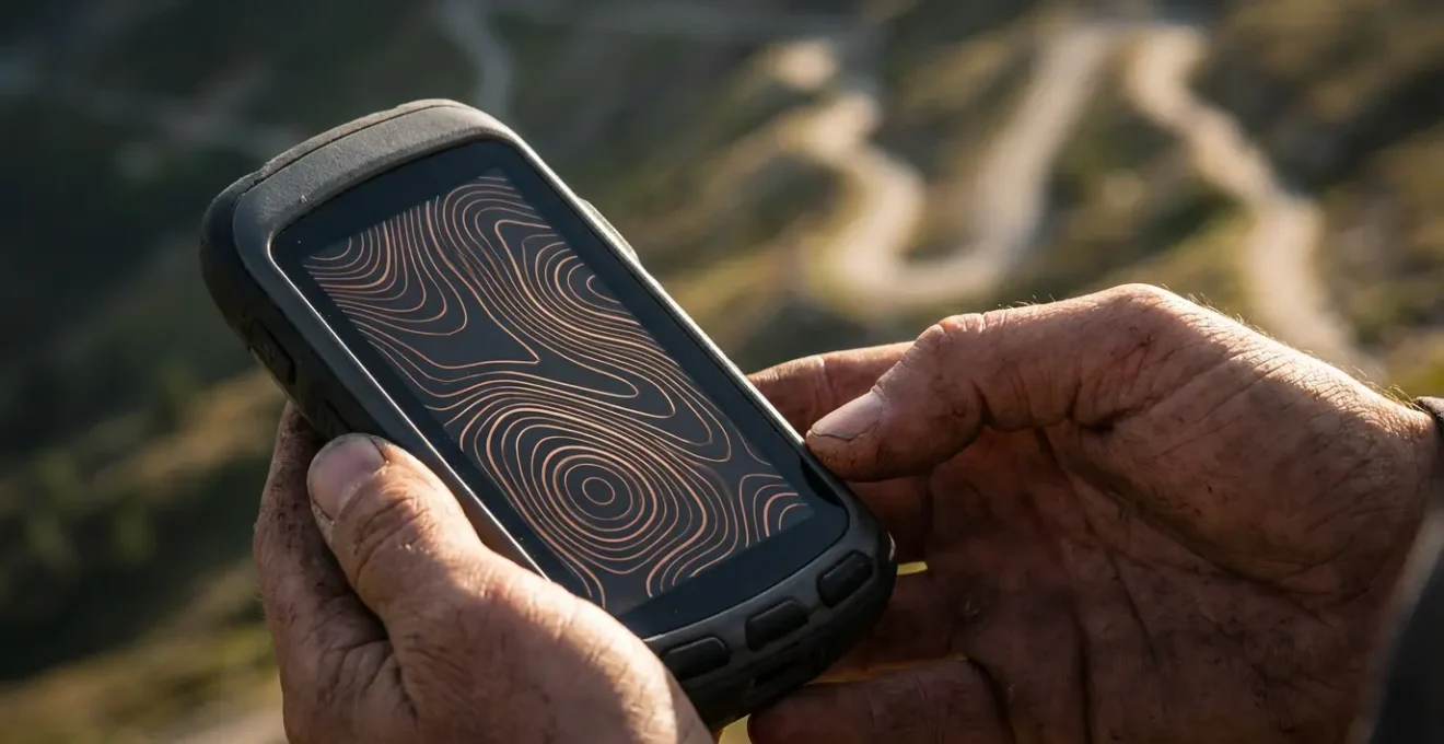 Hiker studying digital topographic map on device with mountain trail visible in background