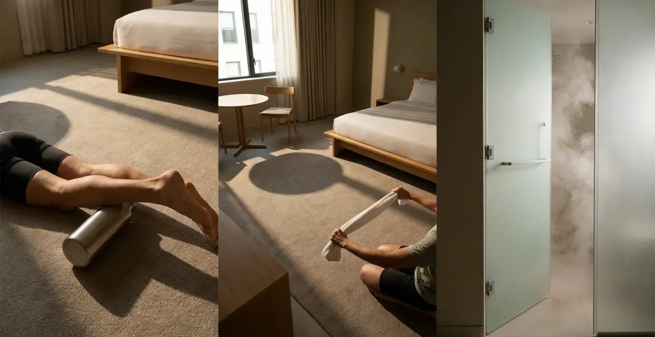 Overhead view of a hotel room showing an athlete creatively using a water bottle for calf rolling and a towel for a hamstring stretch.