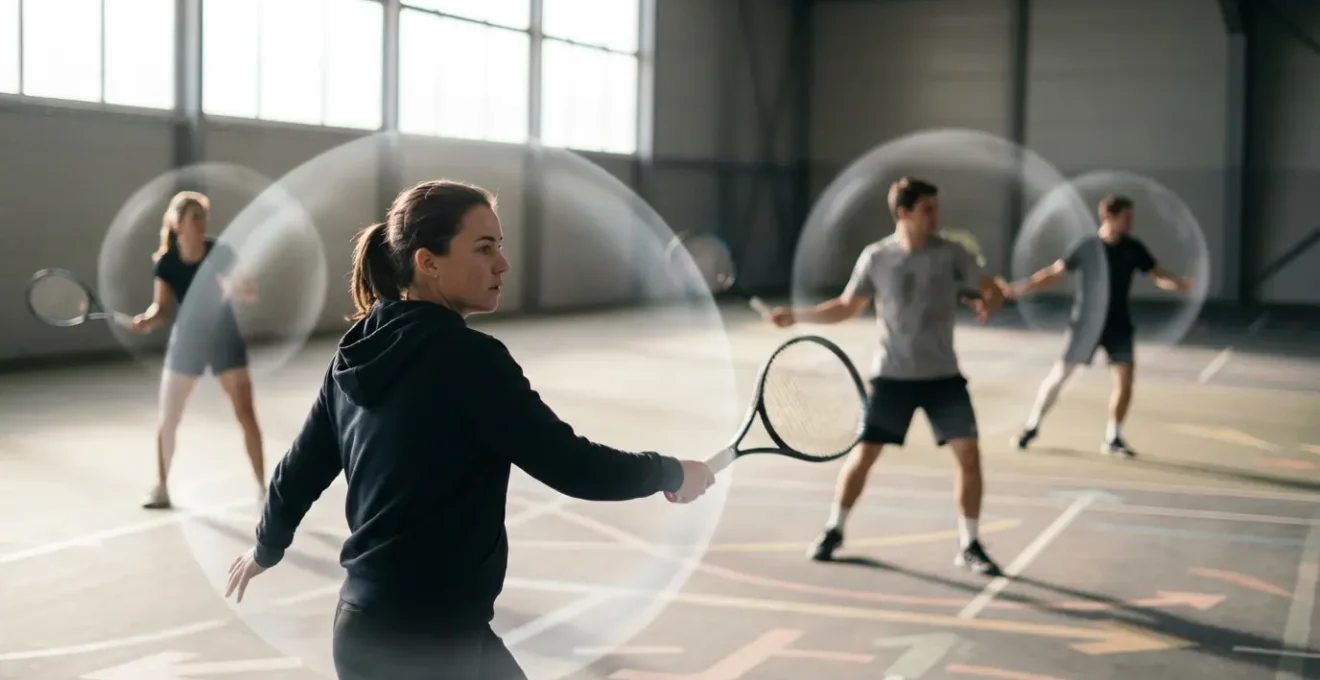 Tennis players in staggered formation showing safe practice zones
